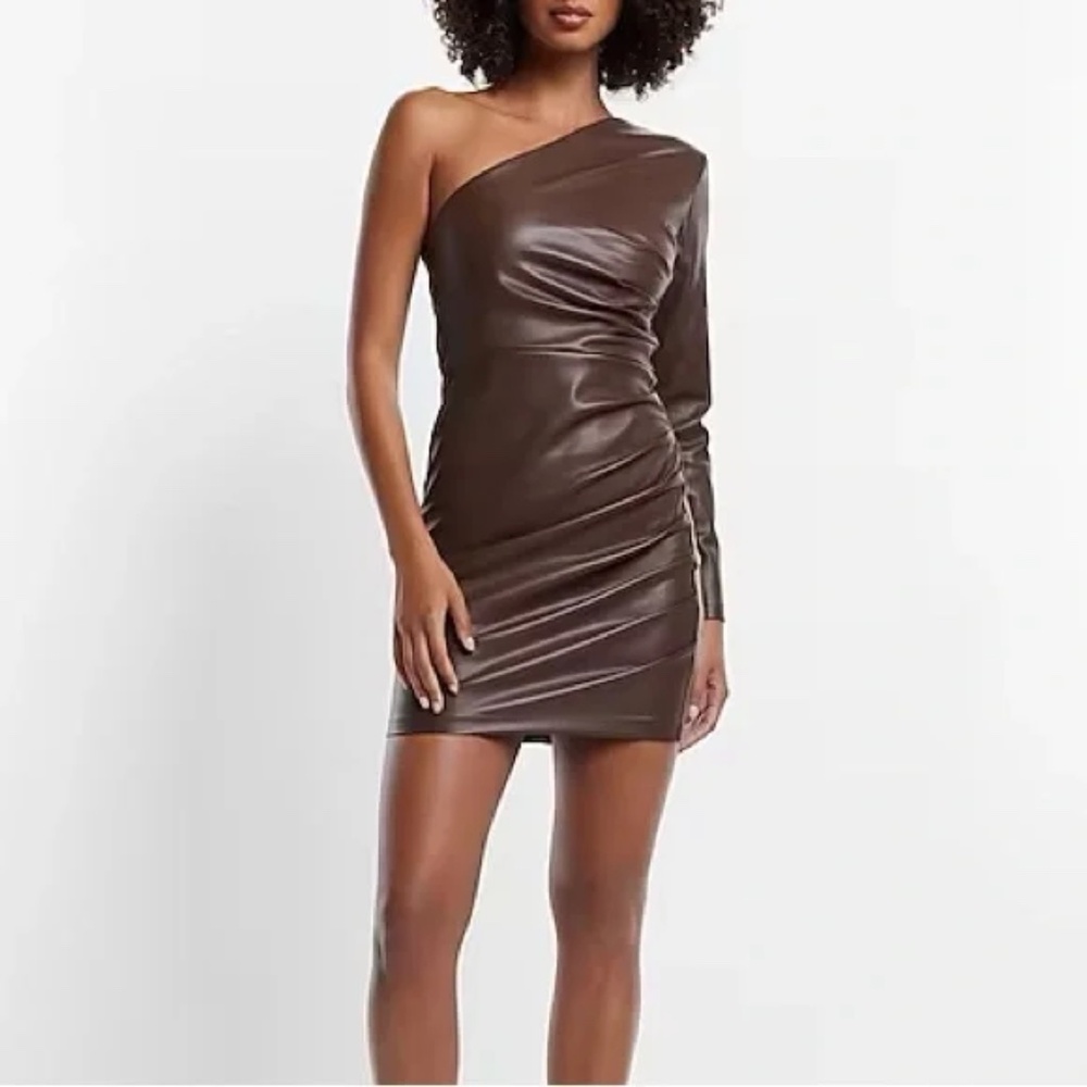 Express Brown One Shoulder Faux Leather Mini Dress